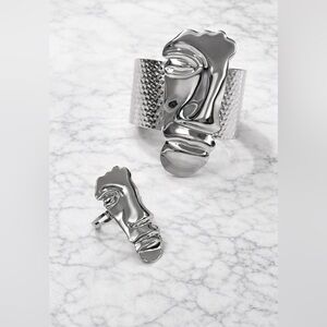 Bohemian Handmade Silver Sculptural Face Bracelet & Ring Set | Statement Jewelry